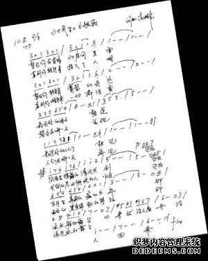 高晓松在狱中为电影《大武生》作主题曲的一张谱曲手稿。（资料图）