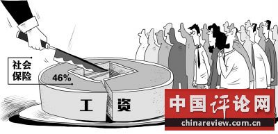 目前我国单位和个人为在职职工缴纳的五项社会保险，约为职工个人工资的46%。人社部曾表示，在列出统计数据的173个国家和地区中，我国社会保险缴费率居第13位，高于160个国家和地区，其中养老保险缴费率偏高。